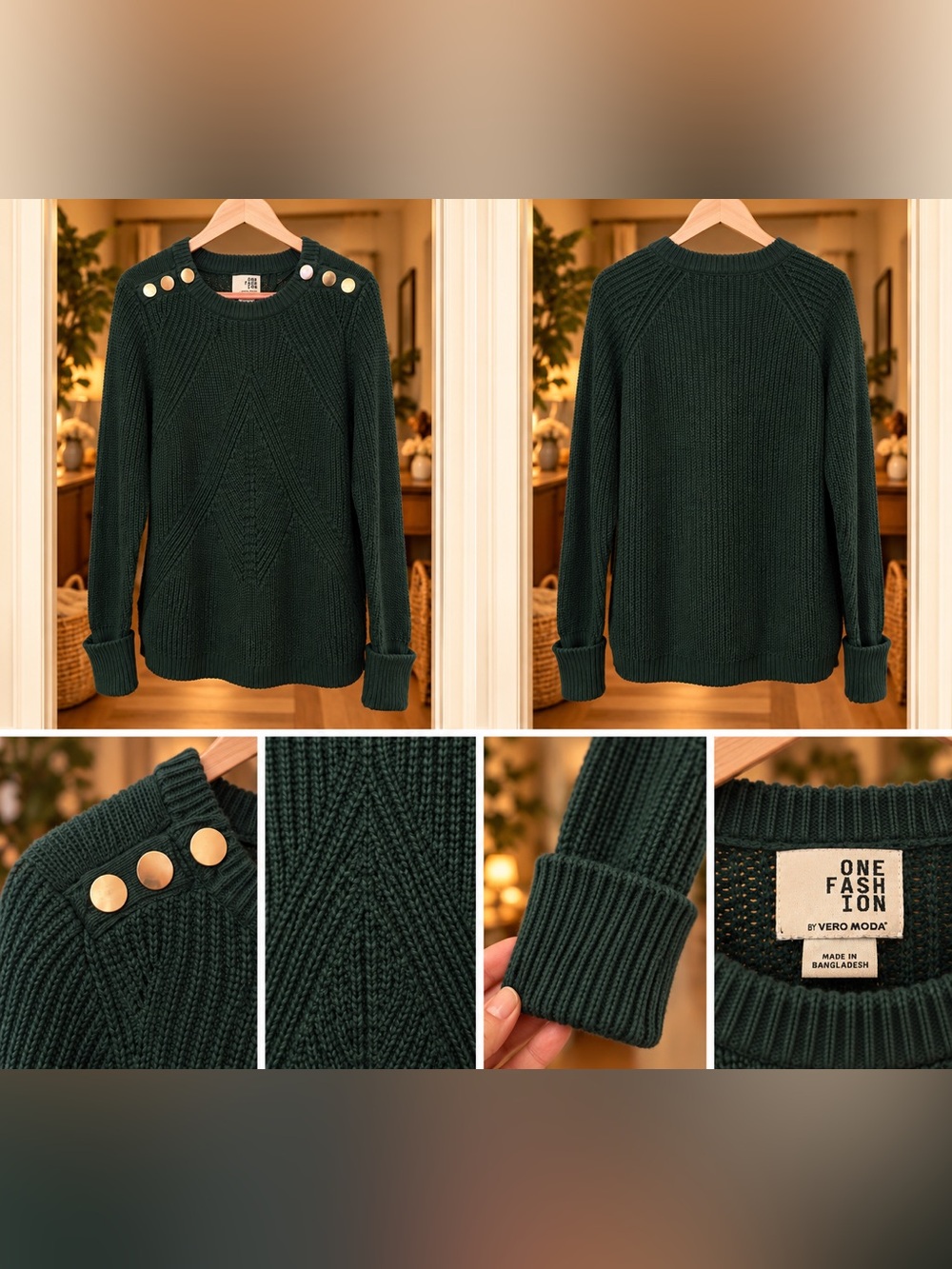 Vero Moda Dark Green Crewneck Sweater with Gold Shoulder Buttons